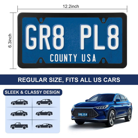 Two Pack Matte Black License Plate Frames For Cars, Stainless Steel, Weatherproof And Rust Resistant Plate Cover displayed with car.