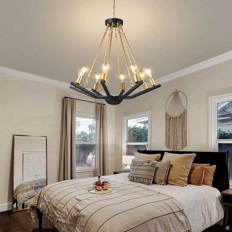 Black Gold Eight Light Farmhouse Chandelier For Dining Room Kitchen Island Foyer And Living Room Rustic Industrial Iron Ceiling Fixture With Modern Rustic Finish
