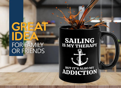 Is My Therapy Sailor Coffee Mug 11oz Black For Boaters And Sailors with anchor design and coffee splash