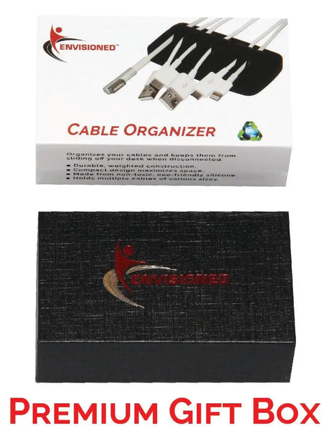 Must Have Weighted Desktop Cable Organizer That Keeps Cords Tidy All Day gift box with image of cord holder on packaging