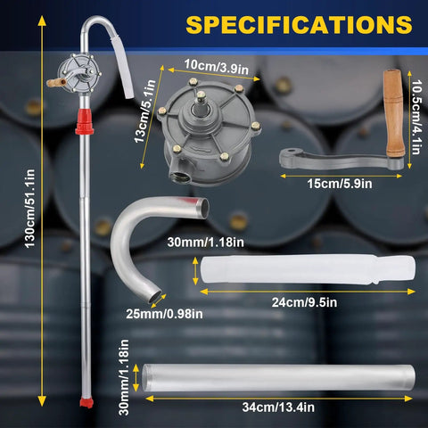 Top Shelf Aluminum Rotary Hand Crank Drum Pump Built Legit For Heavy Duty Oil And Chemical Fluid Transfers With No Fuss Operation And Rock Solid Workshop Durability specifications with measurements