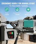 Zhimei Magnetic Drill Press 1450W Motor 1.57 Inch Boring Diameter Electric Metal Drilling Machine with ergonomic handle in use.