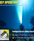 Scuba diver using Beast Dive Light Headlamp For Underwater Adventures With 3 Modes LED Scuba Flashlight IPX8 Waterproof To 30 Meters Aluminum Alloy Body Lightweight Diving Headlamp For Night Dives And More in deep water with ocean background