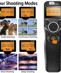 Wireless Remote Shutter Release For Nikon Cameras showing four shooting modes: single, continuous, BULB, and delay.
