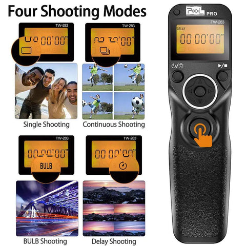 Wireless Remote Shutter Release For Nikon Cameras showing four shooting modes: single, continuous, BULB, and delay.