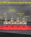 Beefy Power Distribution Block Bus Bar With Four Three Eighths Inch Posts And Six Size Eight Screws 48V DC Max 250 Amp Continuous Pair In Red And Black For Wiring Projects And Automotive Applications Built Tough And Ready, showing detailed screw and post design.