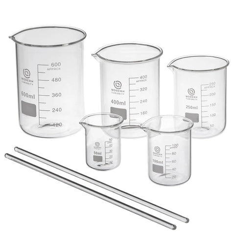 Set Of Four 600 mL Borosilicate Glass Beakers For Lab Classrooms And Research, Lab Grade Chemistry Equipment, includes smaller beakers