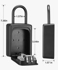 Large Key Lock Box With Resettable Combination Lock Portable Wall Mount Safe For Outdoor Home And Office Door Handle Grab And Go Key Storage Security Box Black, showing open and side view with dimensions.
