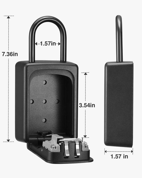 Large Key Lock Box With Resettable Combination Lock Portable Wall Mount Safe For Outdoor Home And Office Door Handle Grab And Go Key Storage Security Box Black, showing open and side view with dimensions.