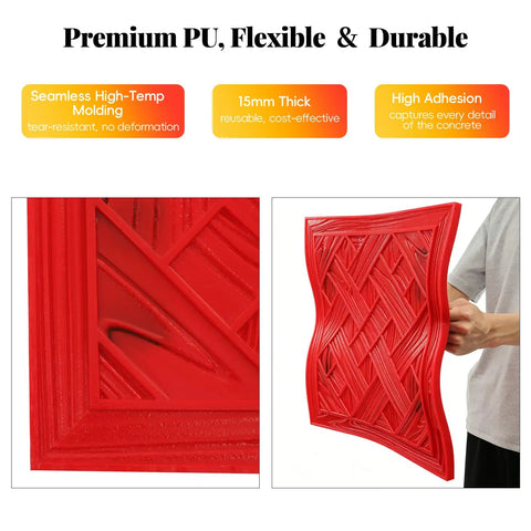 Big 16 By 16 Inch Concrete Stamp Mat With Realistic Woven Texture For Patios Driveways And Walkways Durable PU Material Non Slip Grip Stackable Design Covers More Area Per Press, showing red flexible PU material with woven texture.
