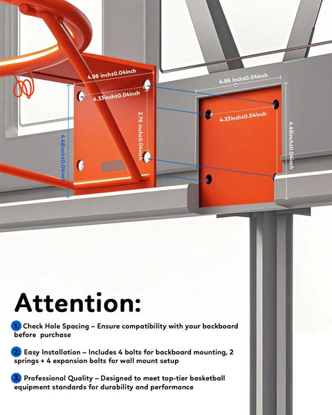 Close-up of basketball rim installation kit with dimensions, heavy duty replacement basketball rim 18 inch solid steel pro grade hoop rim for wall mount and backboard replacement with double spring design and heavy duty net includes complete installation kit game ready for fast setup
