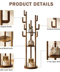 Rotating Coat Rack Freestanding Solid Wood Tree With 9 Hooks And 3 Shelves, detailed product features like natural wood grain and open shelves.