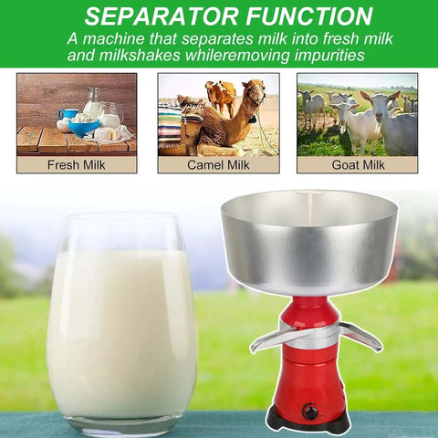 Top Notch High Speed Skim Milk Separator 12L Capacity Copper Motor Up To 10500 RPM next to glass of milk, fresh, camel, goat milk images.