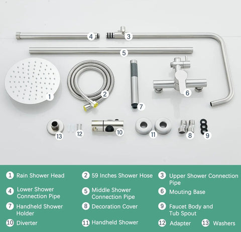 8 Inch Rain Shower System With Handheld Sprayer And Wall Mount Faucet In Brushed Nickel Outdoor Indoor Shower Fixtures 304 Stainless Steel Tarnish Resistant Single Handle Dual Function Bath Shower Set components displayed