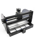 3 Axis GRBL Control CNC Wood Router Kit With Offline Controller, black aluminum frame, spindle motor, top view.