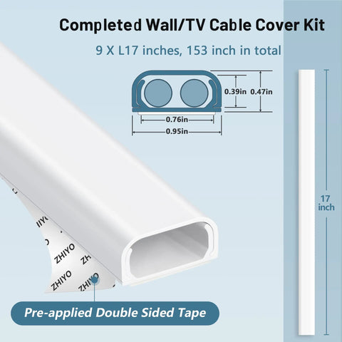 Ultimate Cord Concealer Kit For Wall Mounted TV Cables 9 Pack 17 Inch Each 153 Inch Total White Paintable Wire Covers