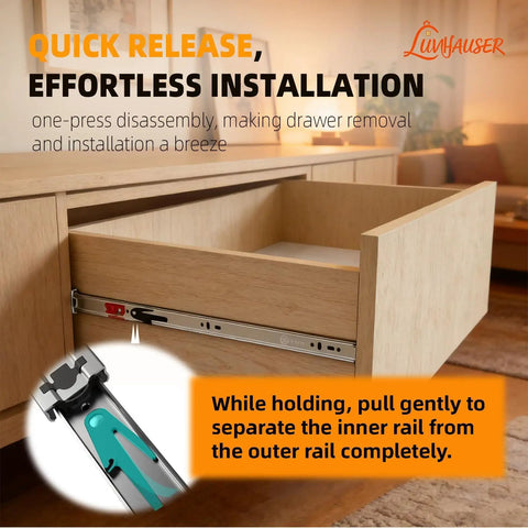 2 Pairs Soft Close Drawer Slides 10 Inch Heavy Duty Side Mount Full Extension Rails With Screws For Kitchen Cabinets 100Lb Capacity Anti Rust Long Lasting Silver Drawer Runners installed in a wood kitchen cabinet drawer