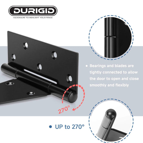 Close-up of Durigid 6 Pack 10 Inch T Hinge Heavy Duty Hinges for wood doors, powder-coated black for outdoor use, showing 270° rotation.