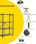 Rock Solid Four Tier Metal Shelving Rack With Smooth Roll Away Casters, Foldable Storage Organizer For Garage Or Kitchen, Heavy Duty Shelf With No Sweat Setup, Black, showcasing sturdy design and removable wheels.