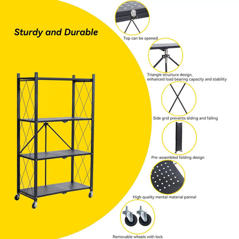 Rock Solid Four Tier Metal Shelving Rack With Smooth Roll Away Casters, Foldable Storage Organizer For Garage Or Kitchen, Heavy Duty Shelf With No Sweat Setup, Black, showcasing sturdy design and removable wheels.