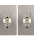 Brushed Nickel GFCI Outlet With Integrated LED Night Light Tamper Proof Receptacle Screwless Cover, two-pack view.