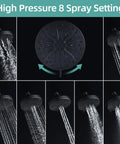 Matte black round shower head; 7-mode high-pressure spray with multiple nozzle holes (front view)