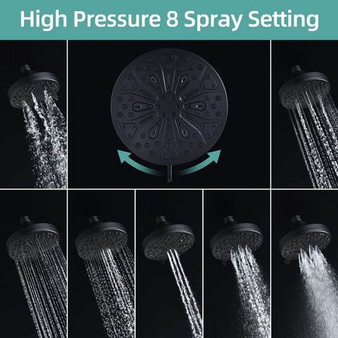 Matte black round shower head; 7-mode high-pressure spray with multiple nozzle holes (front view)