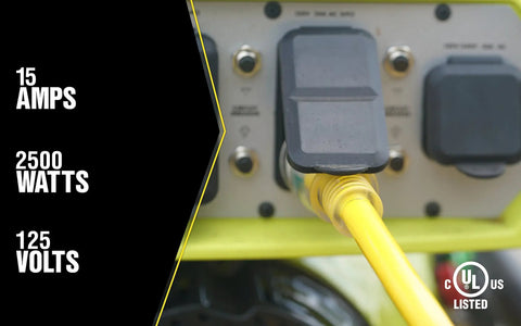 Beefed Up Outdoor Extension Cord 50 Feet In 10 Gauge SJTW with Lighted End and Molded Plug connected to a generator panel.
