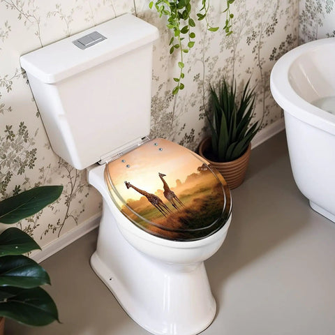 Generic Round Resin Toilet Seat for Bathroom with giraffe design, round shape, and adjustable hinges on a toilet.