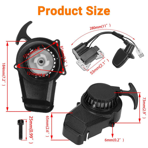 Alloy Easy Pull Recoil Start Ignition Coil For 47cc 49cc 50cc 2 Stroke Engines with size measurements shown