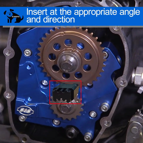 Double-Headed cam locking tool, black metal, installed on Harley engine timing gear