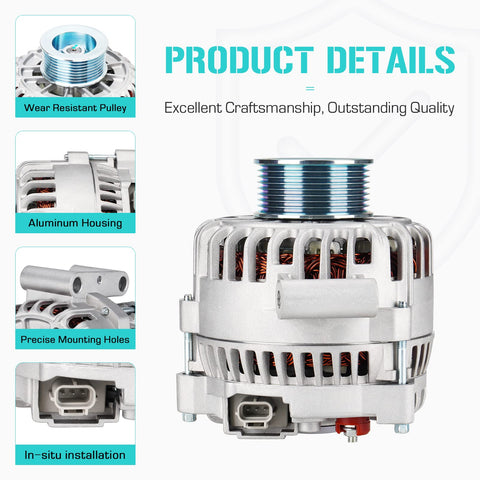 Beefed Up 12V Alternator Replacement For Ford F-250 F-350 Super Duty 6.0L 2005 2006 2007 with aluminum housing and pulley