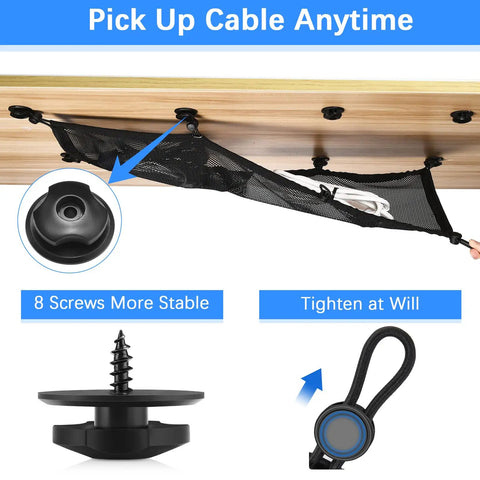 Under Desk Cable Management Net With Privacy Mesh Large Capacity Cord Organizer installed under wooden desk with 8 screws