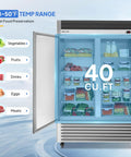 Heavy Duty 49 Cubic Foot Commercial Reach In Refrigerator Two Door Fridge Cooler with vegetables and drinks inside