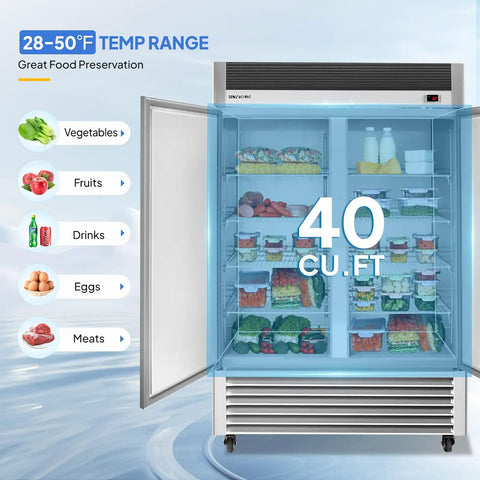 Heavy Duty 49 Cubic Foot Commercial Reach In Refrigerator Two Door Fridge Cooler with vegetables and drinks inside