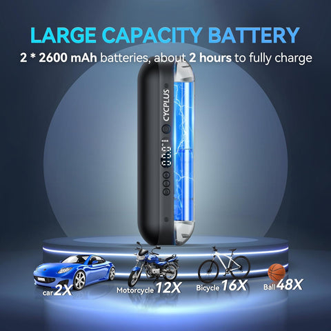 On The Go Portable Electric Air Compressor Pump For Bikes And Cars, 150 PSI, showing large capacity battery and charge indicators