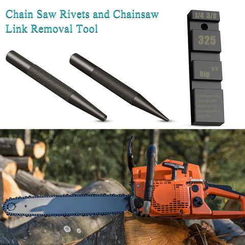 Pro Grade Chainsaw Chain Breaker Kit with 12 Repair Straps, master link punch and joiner, tools and chainsaw displayed