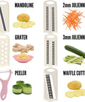 NACOLUS 5-in-1 mandoline slicer kit with pink peeler and interchangeable blades, shown with potatoes.