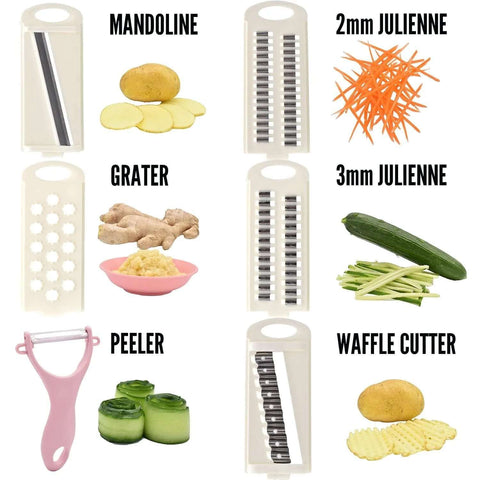 NACOLUS 5-in-1 mandoline slicer kit with pink peeler and interchangeable blades, shown with potatoes.