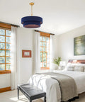 ELYCCUPA 20” Navy Blue Boho Hand Woven Pendant Light Brass Adjustable Coastal Chandelier for Dining Living Room Kitchen Bedroom, UL Listed above a bed.