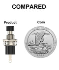 Size comparison of Momentary Push Button Switch 1A 250V AC SPST NC Black Cap Mini Push Button with a coin