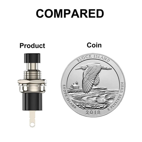 Size comparison of Momentary Push Button Switch 1A 250V AC SPST NC Black Cap Mini Push Button with a coin