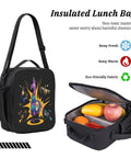 Insulated lunch bag with colorful llama design, open view showing fruit inside, eco-friendly fabric,  non-toxic material.