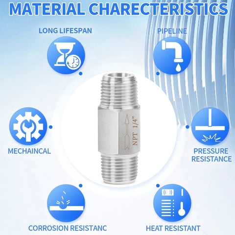 ChillWaves 304 stainless steel inline siamese check valve with 1/4 in NPT male threads, front view