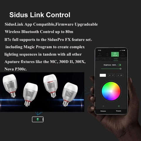 Accent B7c 7W RGBWW Smart Bulb With 2000K-10000K Bi Color CCT HSI FX Modes and app control interface displayed