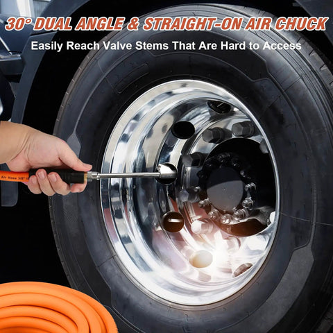 Using 50 Ft Truck Air Hose Kit With Universal Glad Hand And 30 Degree Dual Chuck on truck tire