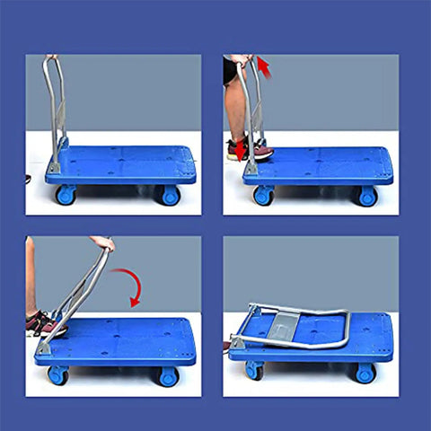 Beast Mode Heavy Duty Platform Cart with foldable hand cart, blue flatbed showcased in various positions for versatility