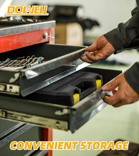Hand placing Compact 10 Piece Small Tool Kit Set With Portable Plastic Storage Case in a drawer, showing convenient storage.