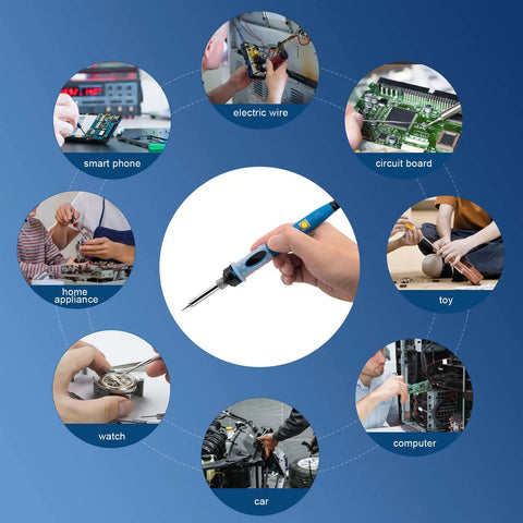 80W Soldering Iron Kit With Digital LCD Display Pro Grade Adjustable Temperature On Off Switch in various uses like circuit boards and electronics.