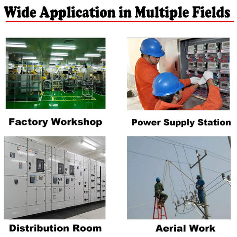 Image showing applications of Built Different Heavy Duty 35 KV Insulating Rubber Flooring Mat in factory workshop, power supply station, distribution room, aerial work.